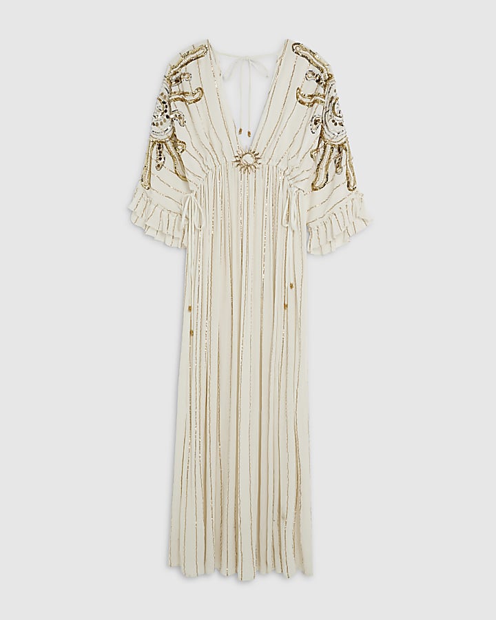 Cream Sun Detail Embellished Maxi Beach Dress