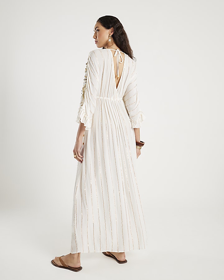 Cream Sun Detail Embellished Maxi Beach Dress
