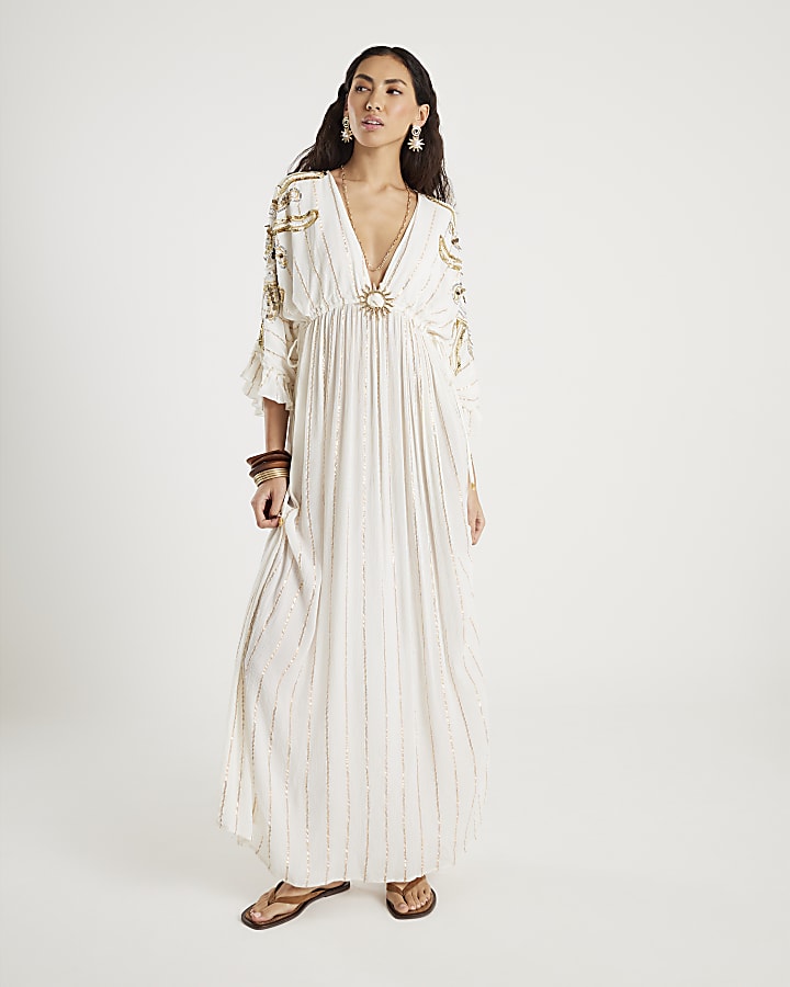 Cream Sun Detail Embellished Maxi Beach Dress