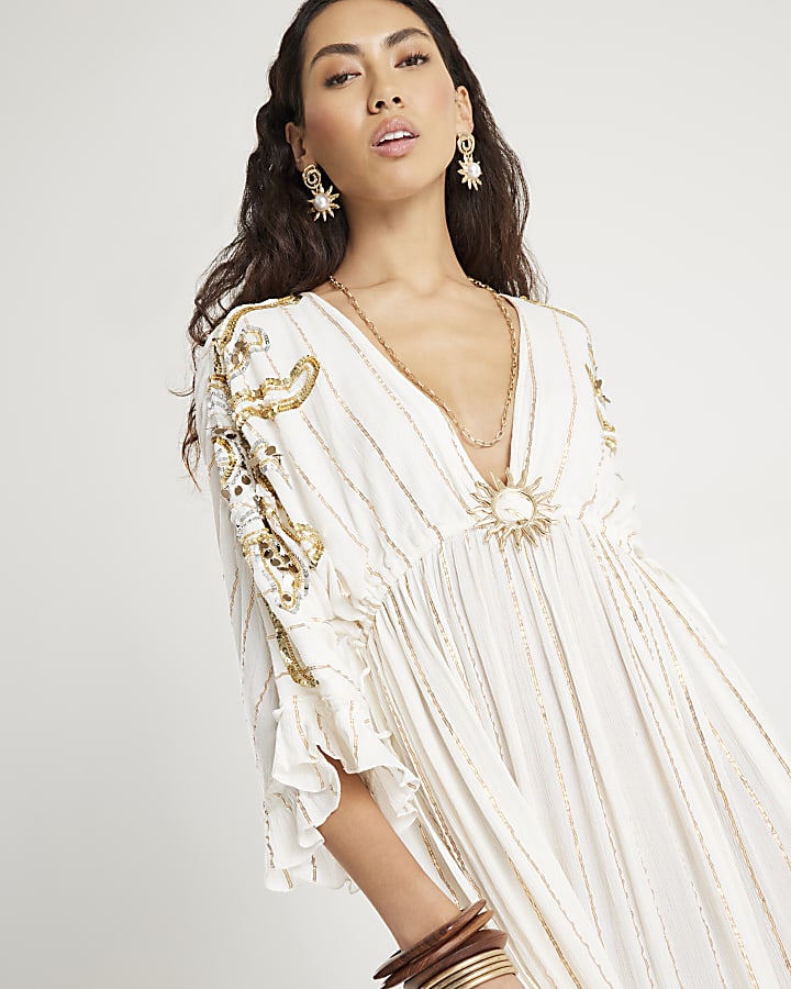 Cream Sun Detail Embellished Maxi Beach Dress