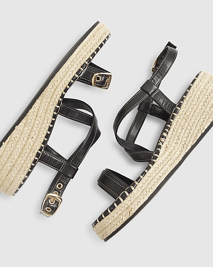 Black Cross Strap Sling Back Wedge Sandals