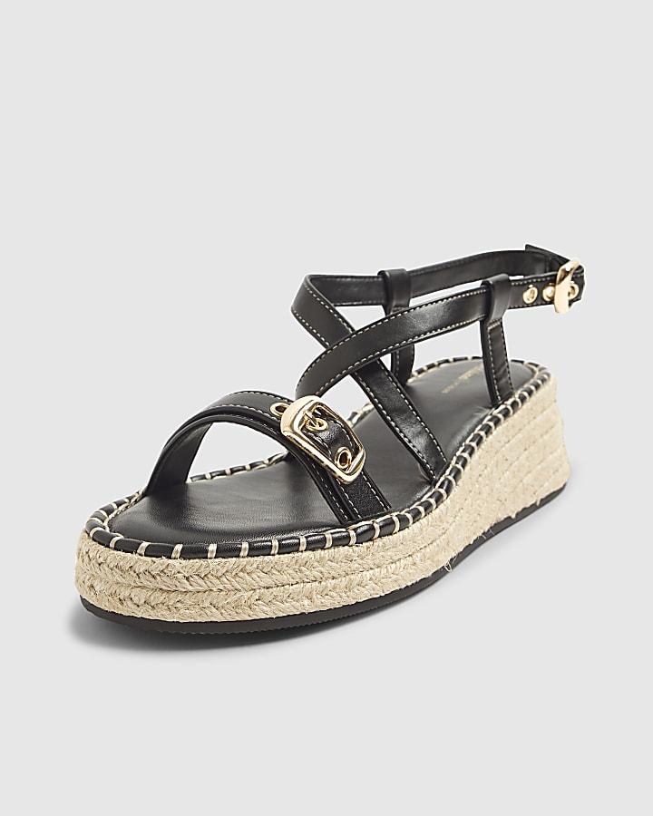 Black Cross Strap Sling Back Wedge Sandals