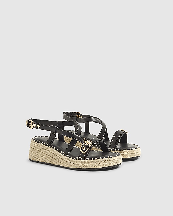 Black Cross Strap Sling Back Wedge Sandals