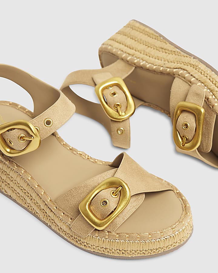 Beige Strap Buckle Wedge Sandals