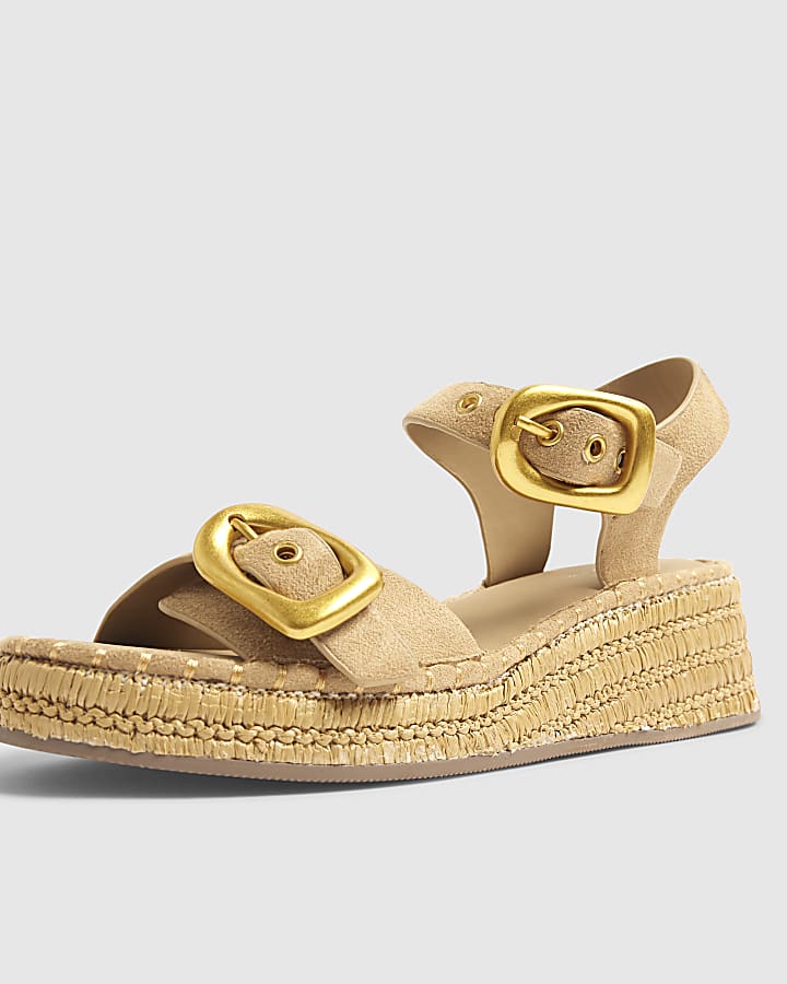 Beige Strap Buckle Wedge Sandals