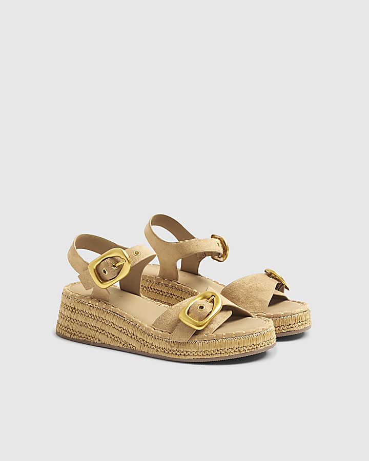 Beige Strap Buckle Wedge Sandals