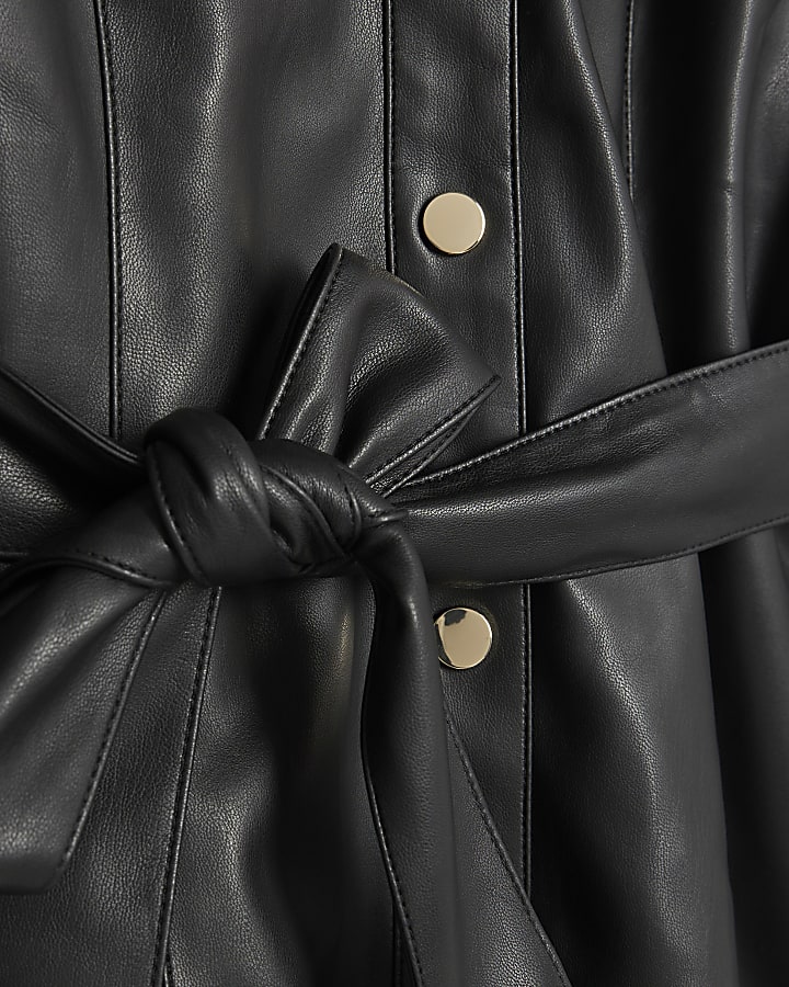Petite Black Belted Faux Leather Shirt Dress