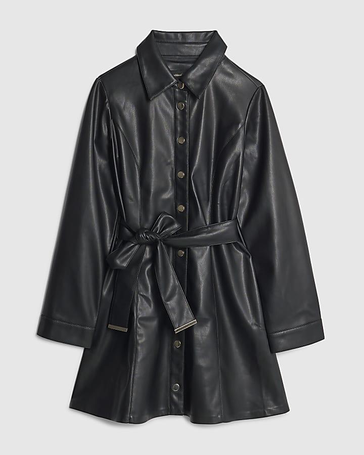 Petite Black Belted Faux Leather Shirt Dress