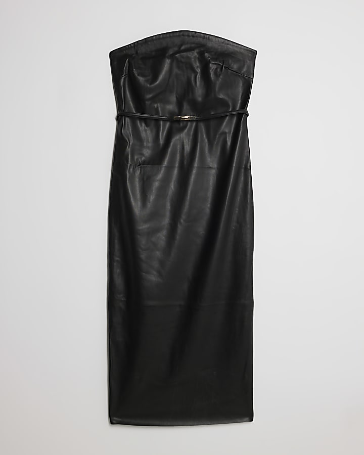 Petite Black Faux Leather Bandeau Midi Dress