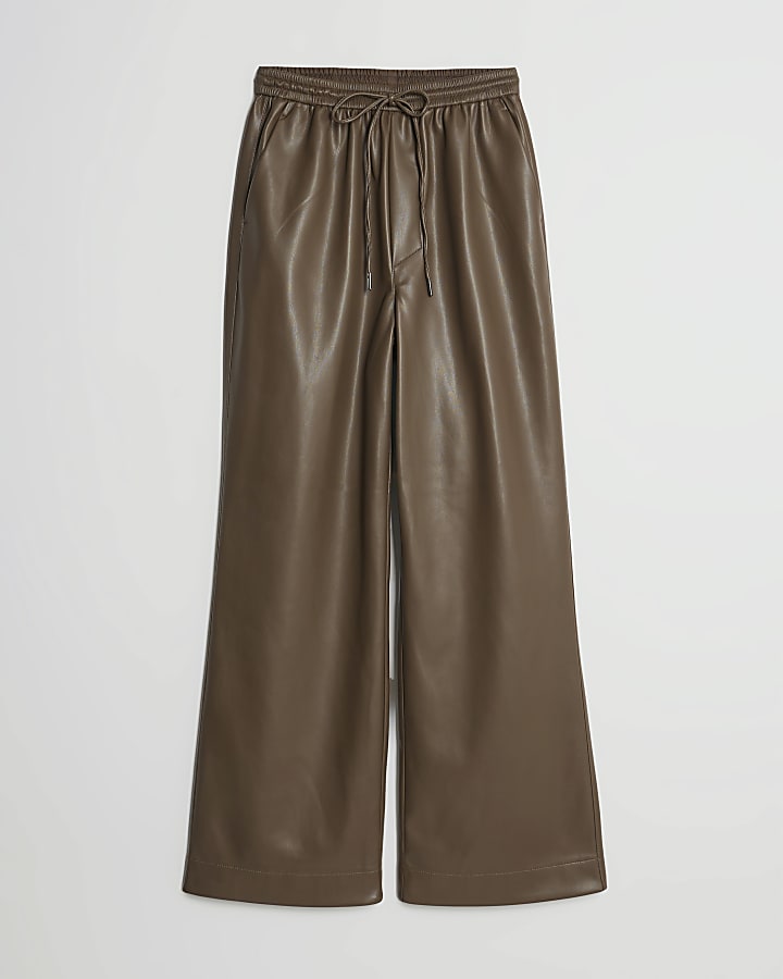 Petite Brown Faux Leather Wide Leg Trousers