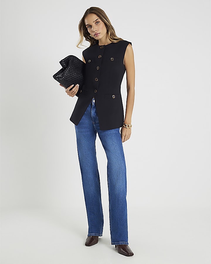 Black Sleeveless Button Up Waistcoat