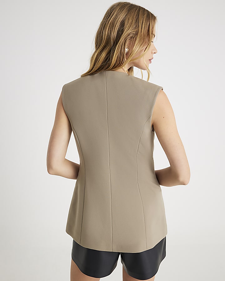 Beige High Neck Button Detail Waistcoat