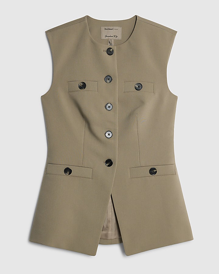 Beige High Neck Button Detail Waistcoat