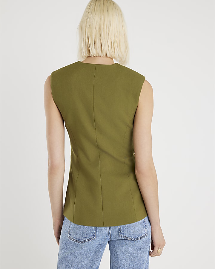 Green Sleeveless Button Up Waistcoat
