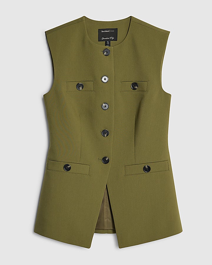 Green Sleeveless Button Up Waistcoat