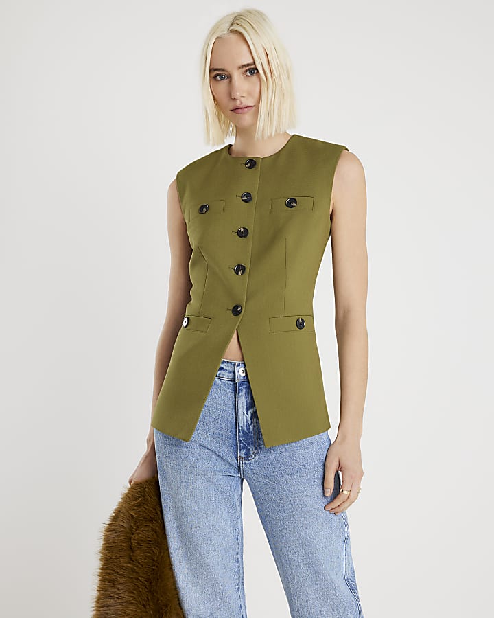 Green Sleeveless Button Up Waistcoat