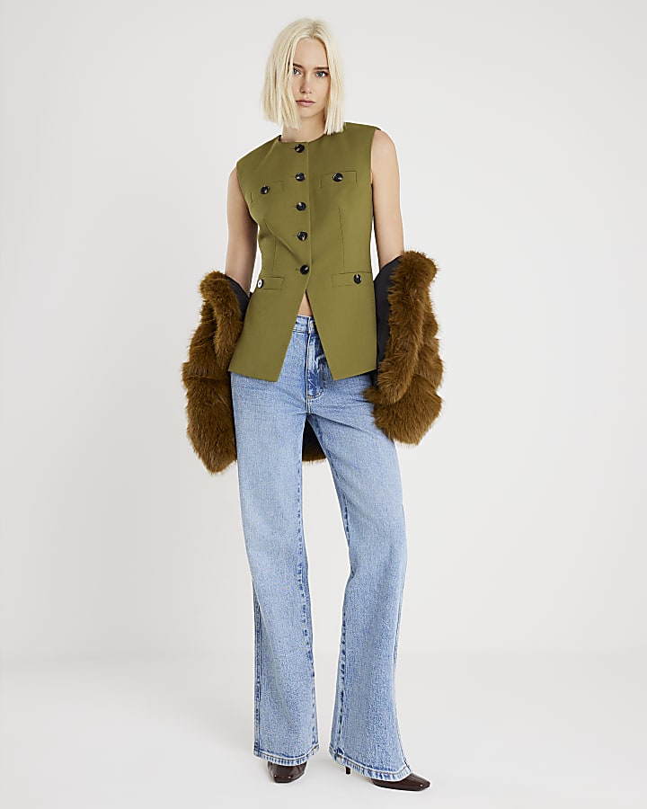 Green Sleeveless Button Up Waistcoat