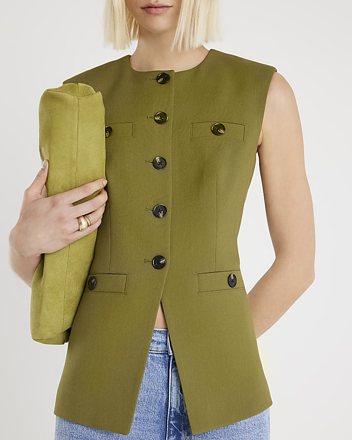 Green Sleeveless Button Up Waistcoat