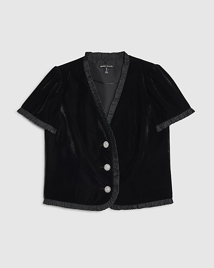 Black Velvet Short Sleeve Frill Trim Top