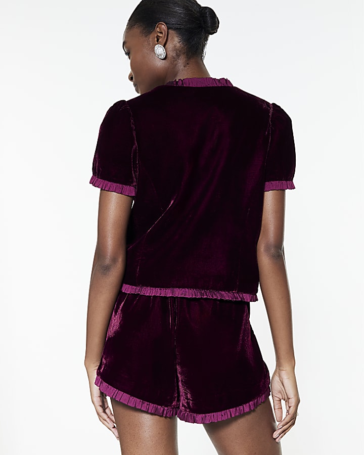 Red Velvet Short Sleeve Frill Trim Top