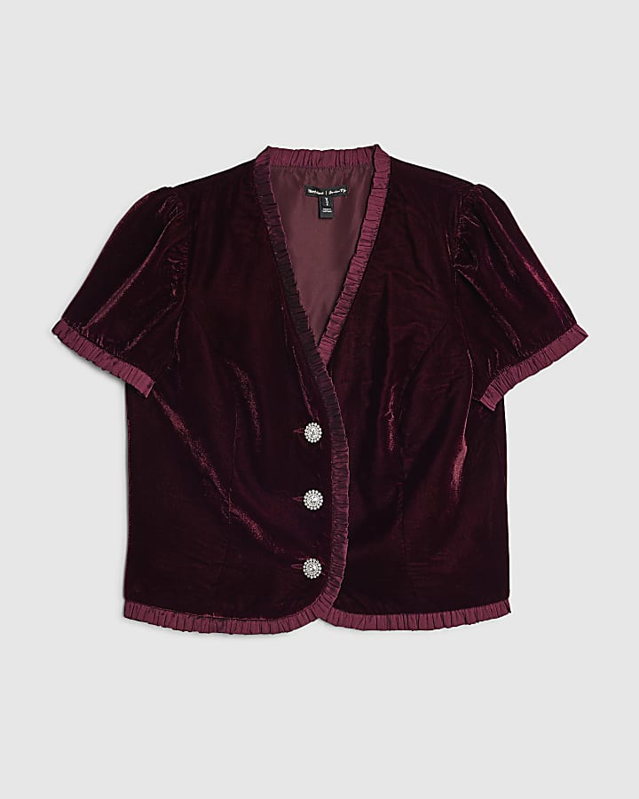 Red Velvet Short Sleeve Frill Trim Top