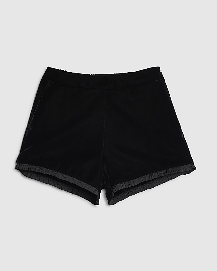 Black Velvet Frill Trim Shorts