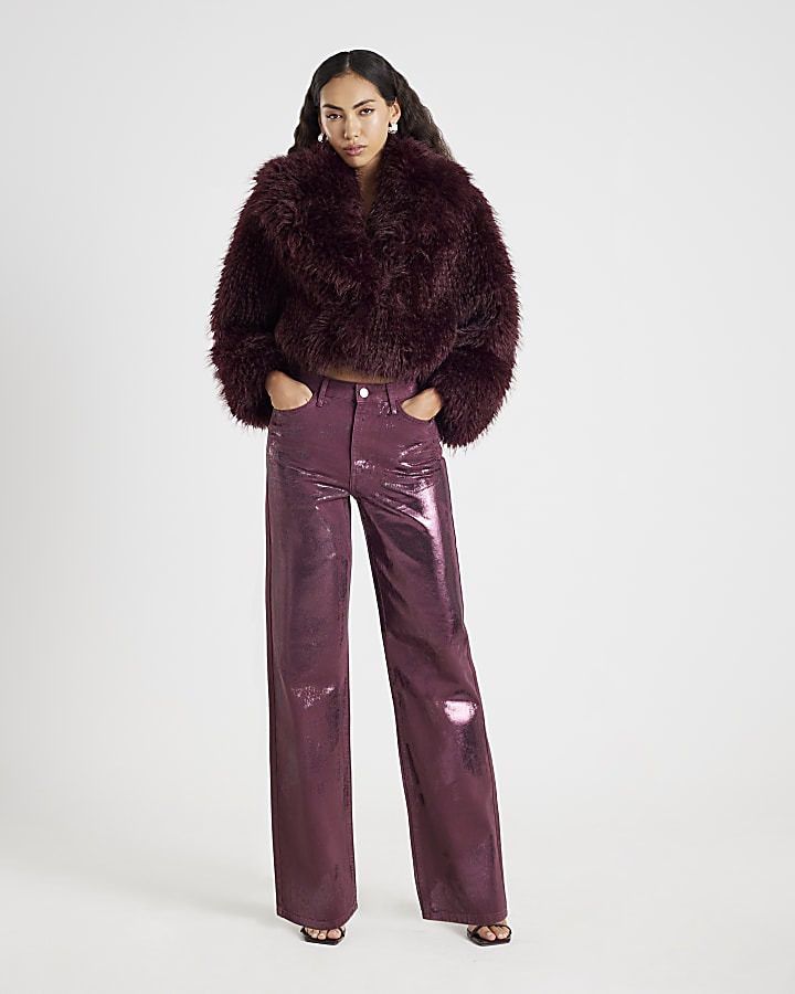 Red Metallic Coated Relaxed Straight Jeans