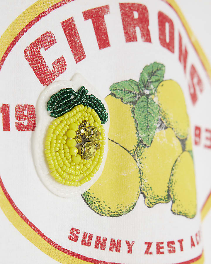 White Short Sleeve Beaded Lemon T-shirt