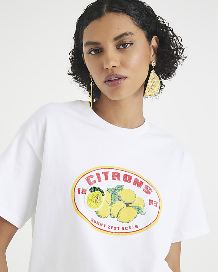 White Short Sleeve Beaded Lemon T-shirt