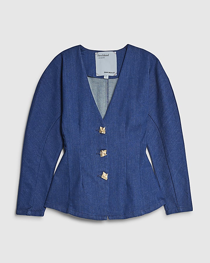 Blue Denim Button front Long Sleeve Top