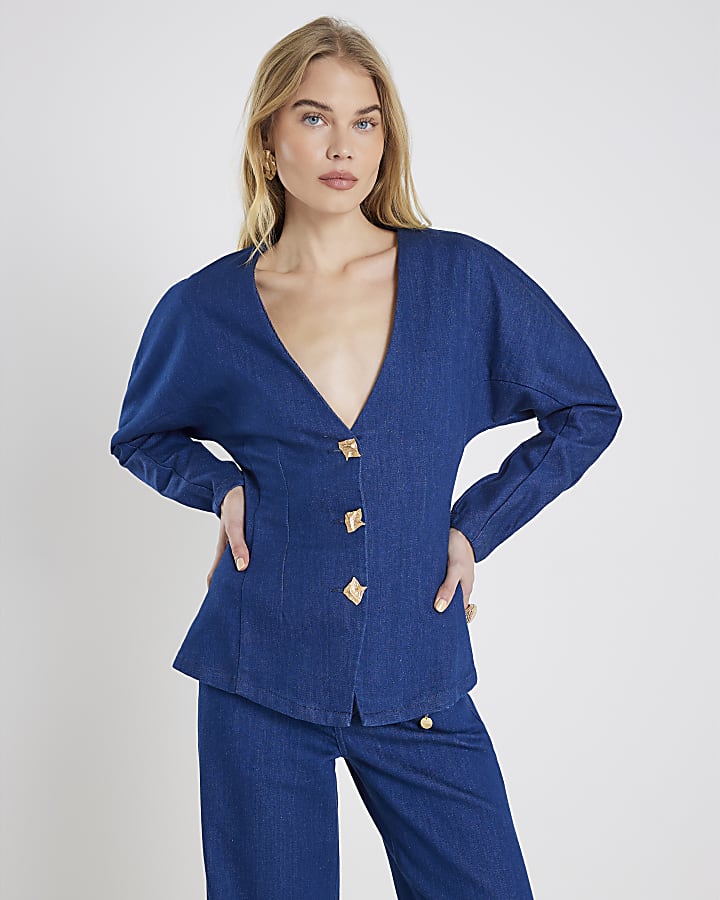 Blue Denim Button front Long Sleeve Top