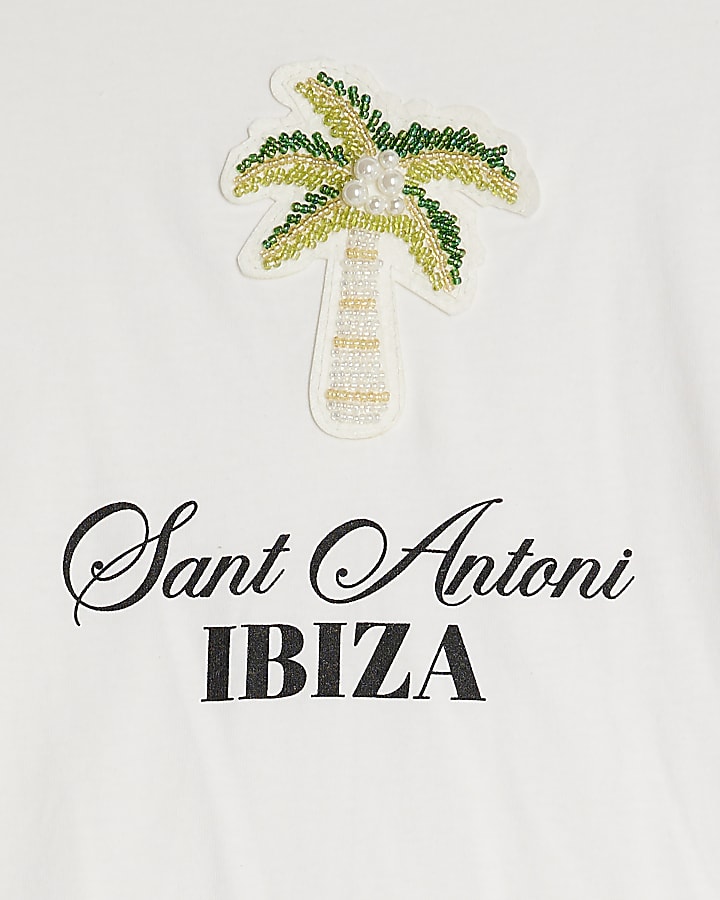 White Ibiza Beaded Palm T-Shirt