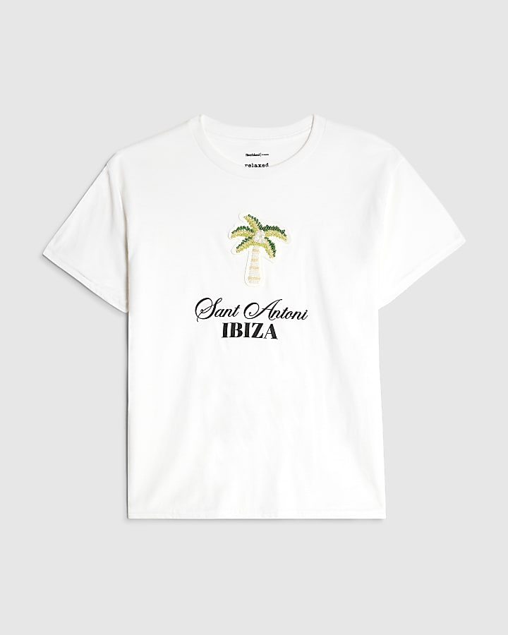 White Ibiza Beaded Palm T-Shirt