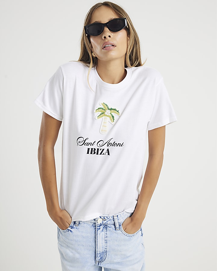 White Ibiza Beaded Palm T-Shirt
