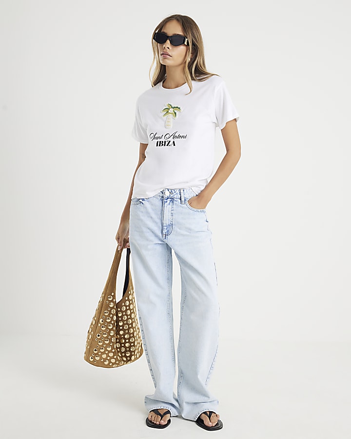 White Ibiza Beaded Palm T-Shirt