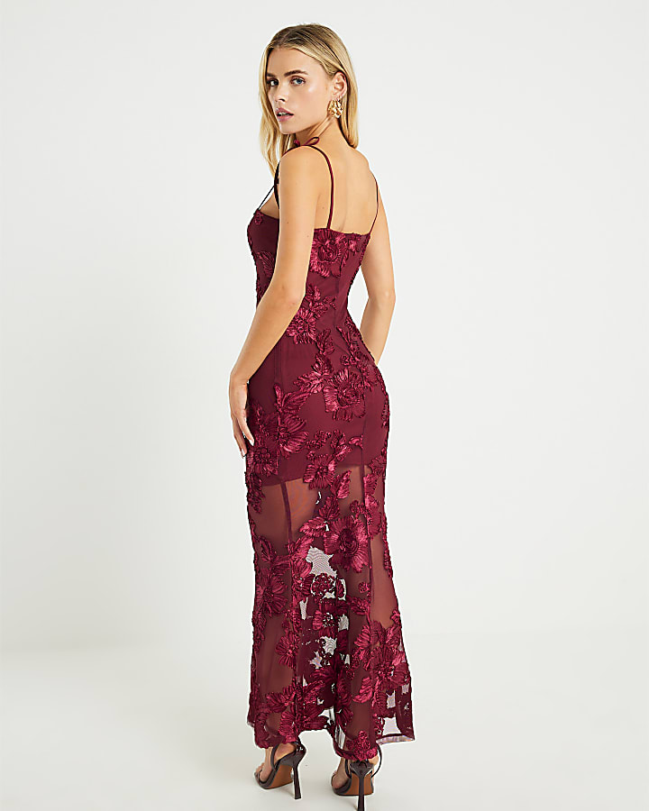 Petite Red Mesh 3D Floral Maxi Dress