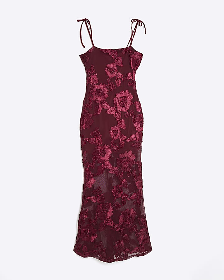 Petite Red Mesh 3D Floral Maxi Dress