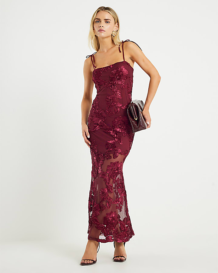 Petite Red Mesh 3D Floral Maxi Dress