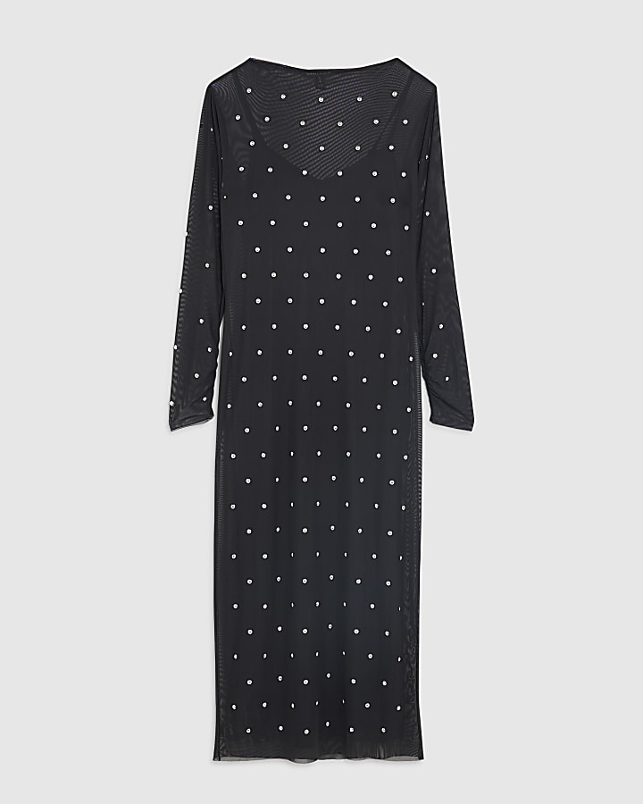 Petite Black Mesh Studded Midi Dress