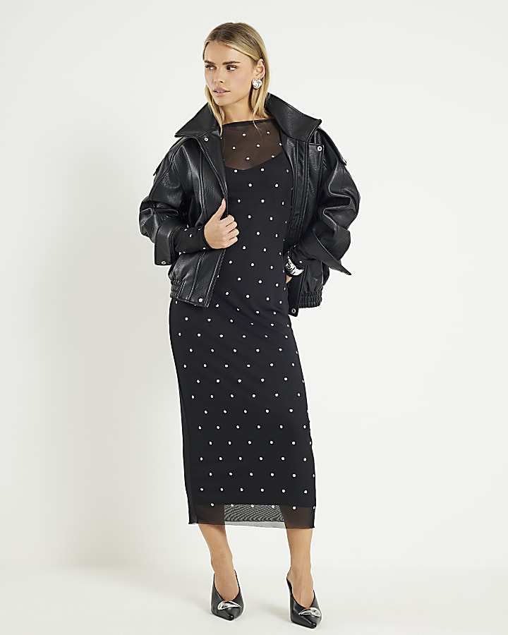 Petite Black Mesh Studded Midi Dress