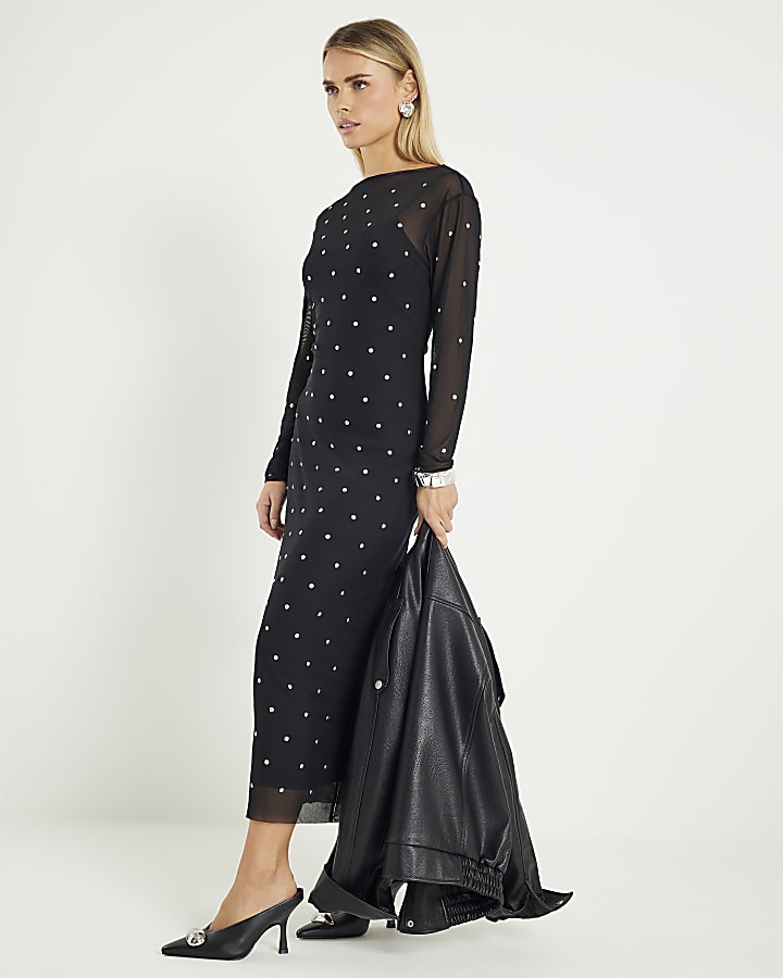 Petite Black Mesh Studded Midi Dress
