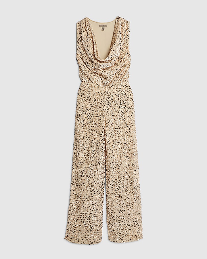 Petite Gold Sequin Cowl Neck Jumpsuit