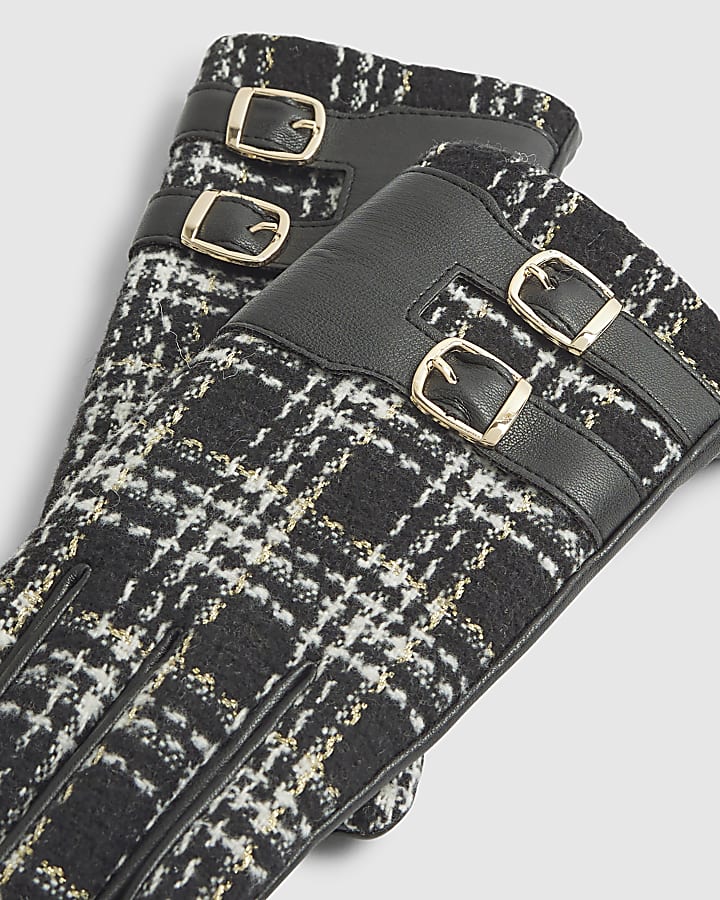 Black Boucle Check Buckle Gloves