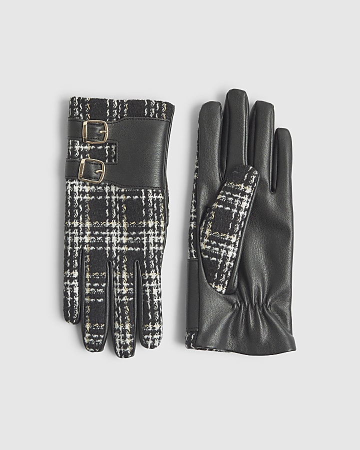 Black Boucle Check Buckle Gloves