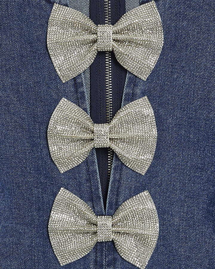 Blue Denim Embellished Bow Mini Dress