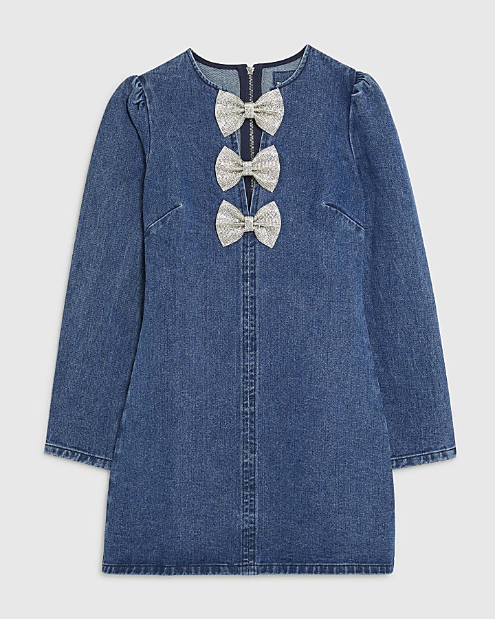 Blue Denim Embellished Bow Mini Dress