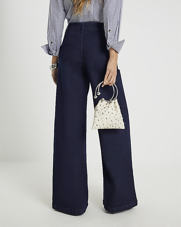 Blue Mid Rise Wide Leg Corset Jeans