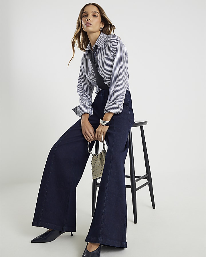 Blue Mid Rise Wide Leg Corset Jeans