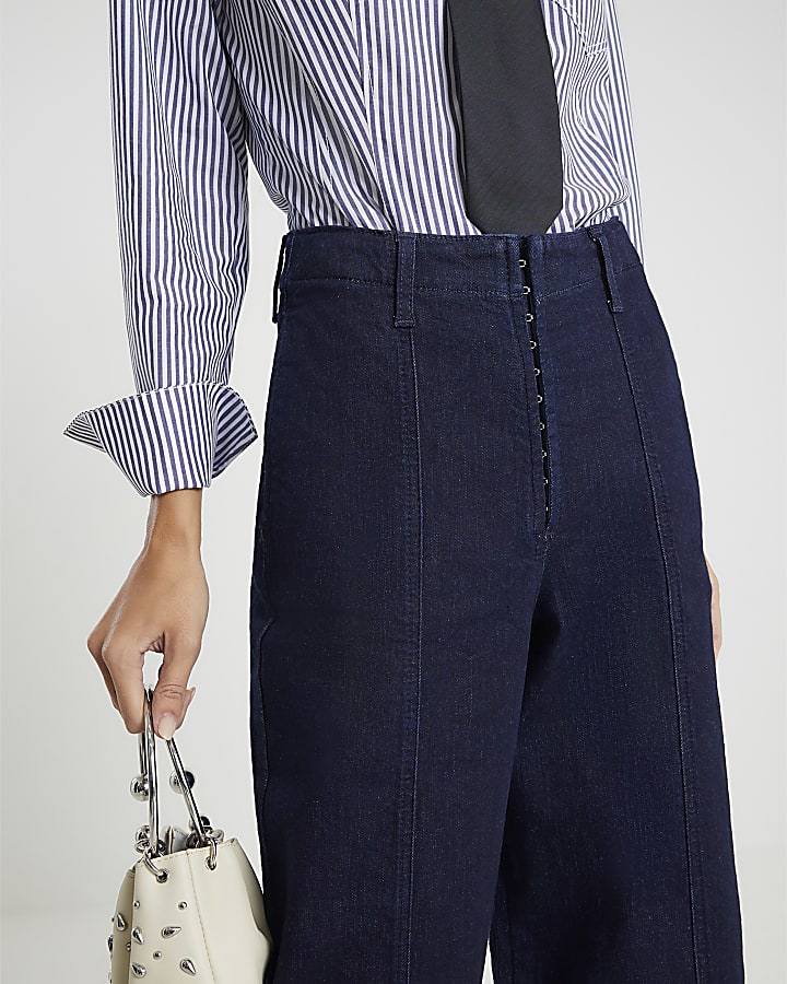 Blue Mid Rise Wide Leg Corset Jeans