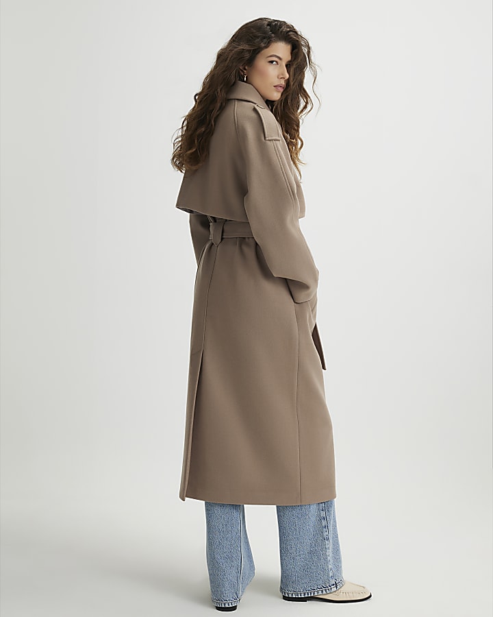Brown Faux Wool Belted Trench Coat